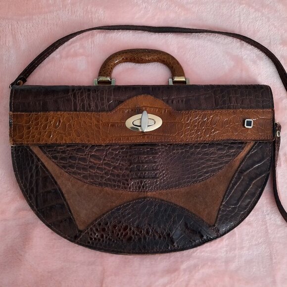vintage Italian Leather Handbag Bag Brown Faux Croc Embossed Suede Top Handle - Picture 1 of 12
